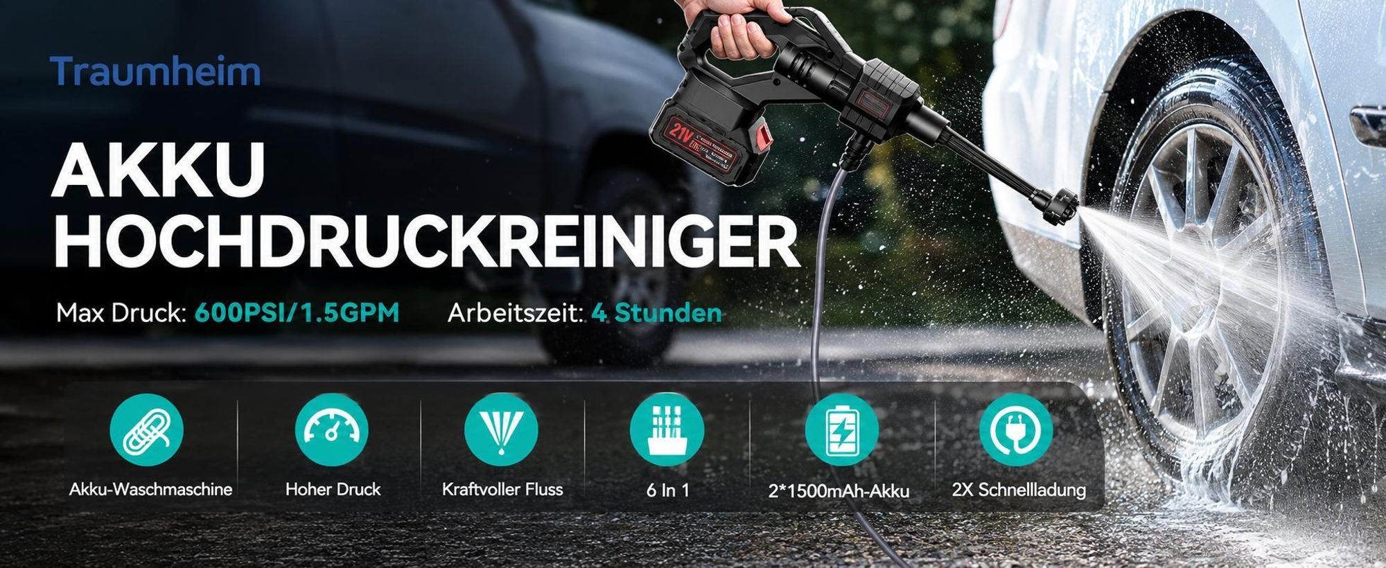 Akku Hochdruckreiniger, 40 Bar Tragbarer Hochdruckreiniger mit 1500mAh Akku, 6-in-1 Multi-Sprühdüse 5M Schlauch für Auto, Terrasse, Garten, Zaun, Pool