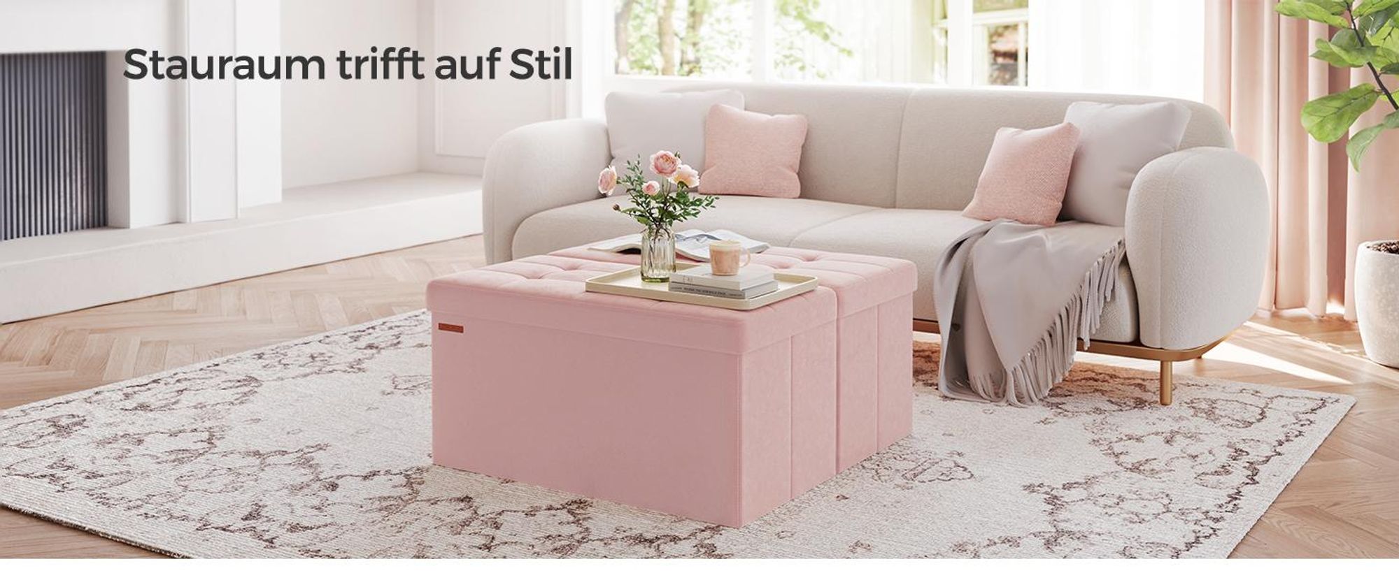 SONGMICS Sitzbank mit 2 extra Aufbewahrungsboxen, klappbar, 38 x 76 x 38 cm, bis 300 kg belastbar, Pastellrosa