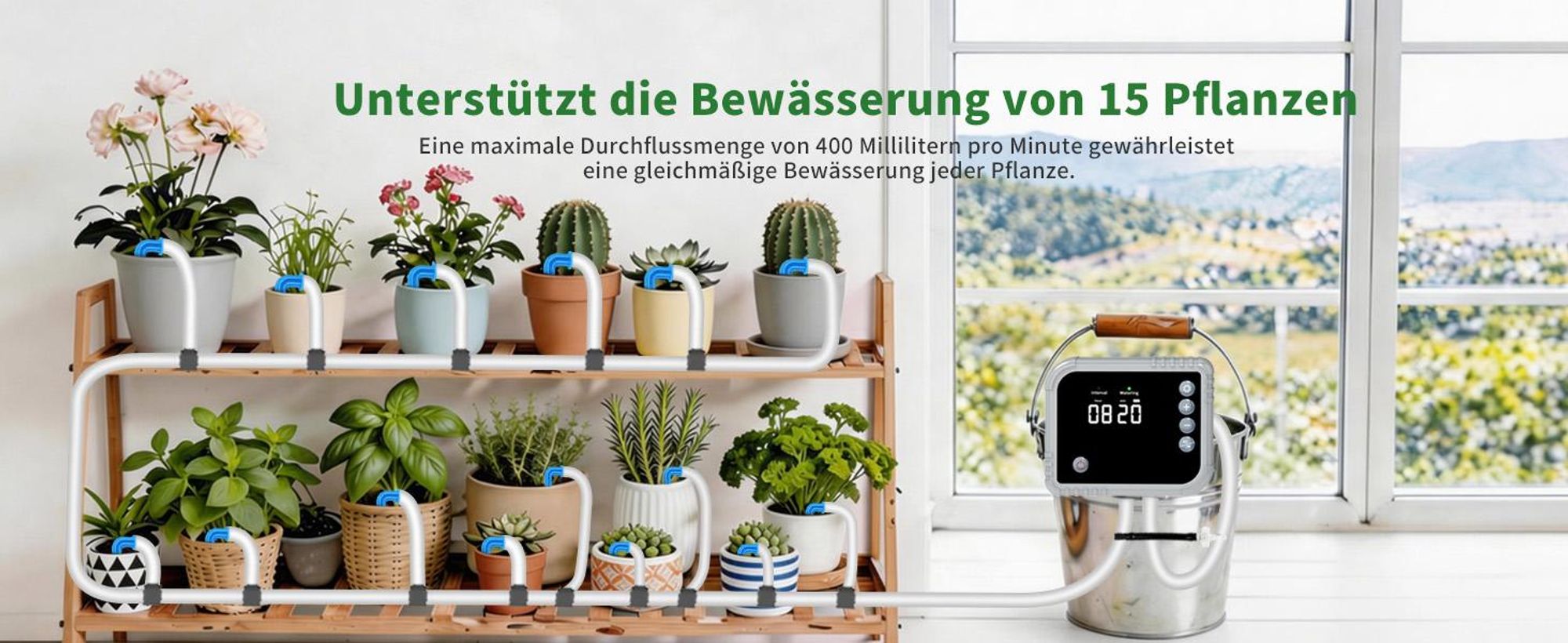 Bewässerungssystem Automatische bewässerung für Indoor, mit LCD-Display für bis zu 15 Topfpflanzen,Tropfbewässerungsset mit 350,Type-C aufladbar