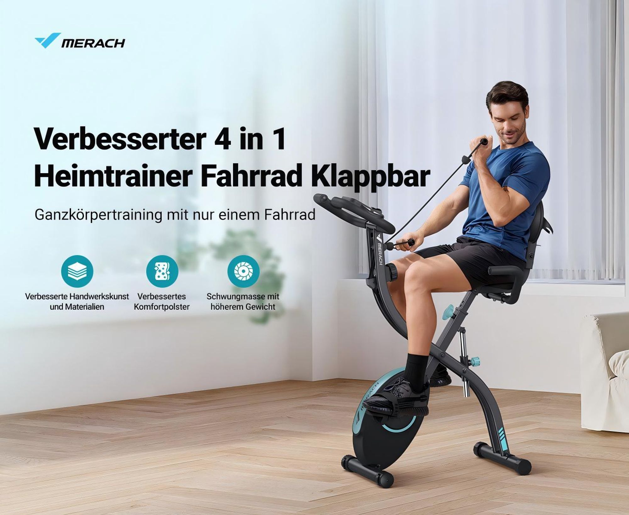 4-in-1 klappbarer Heimtrainer für Zuhause– magnetischer Ergometer mit 16 Stufen, LCD & Pulsmessung, Tabletständer, kompatibel Kinomap, bis 136 kg