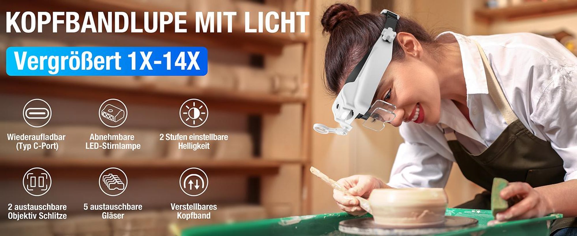 Lupenbrille mit Licht, LED Kopfbandlupe, Lupe mit Licht, 1- bis 14-fache Vergrößerung, mit 6 abnehmbaren Linsen, für Reparieren, Modellbau, Lesen