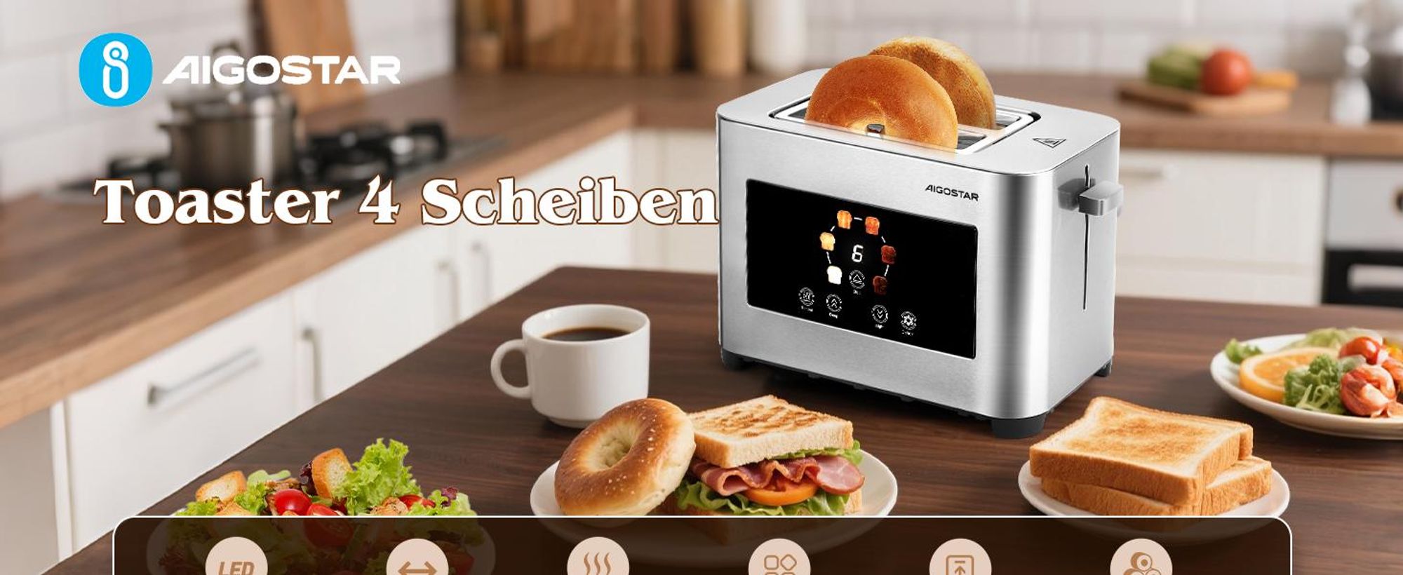 Aigostar - Toaster 2 Scheiben, 6 Bräunungsstufen, LED-Touchscreen, 4 cm extra breite Toastschlitze & Brotzentrierung, Edelstahl, 850W