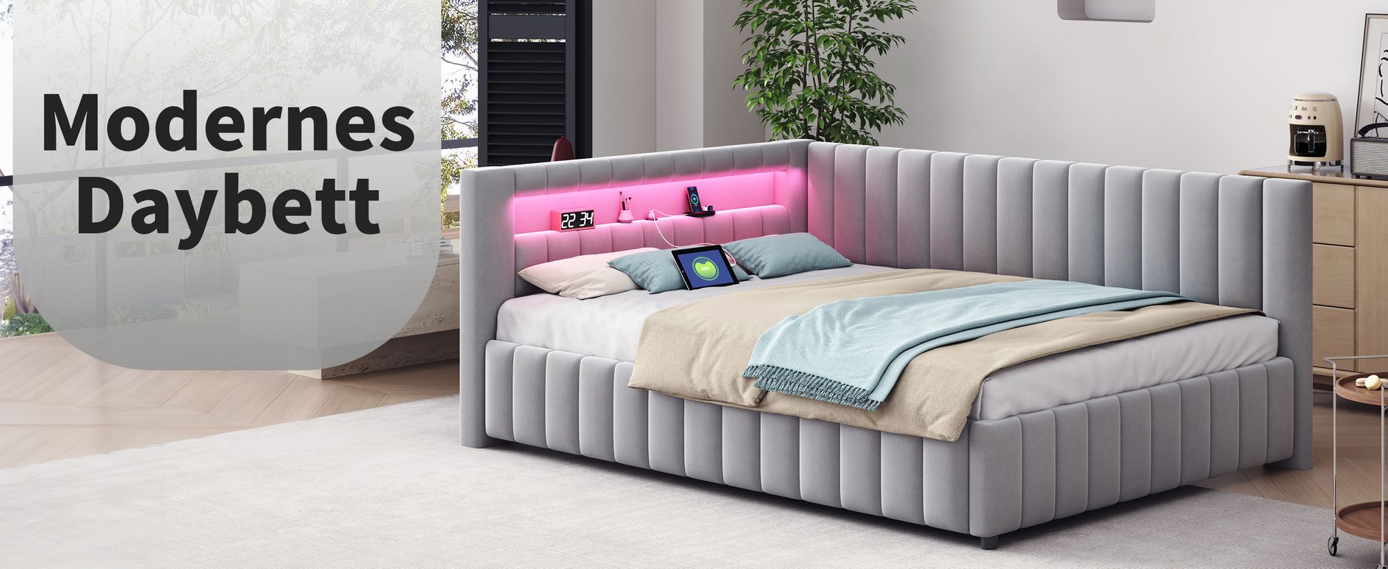MODFU Schlafsofa Tagesbett 140x200cm mit LED-Licht und USB-Ladeanschluss,Polsterbett Daybett mit mit Rückenlehne, Kinderbett Jugendbett,Hellgrau(Ohne Matratze)