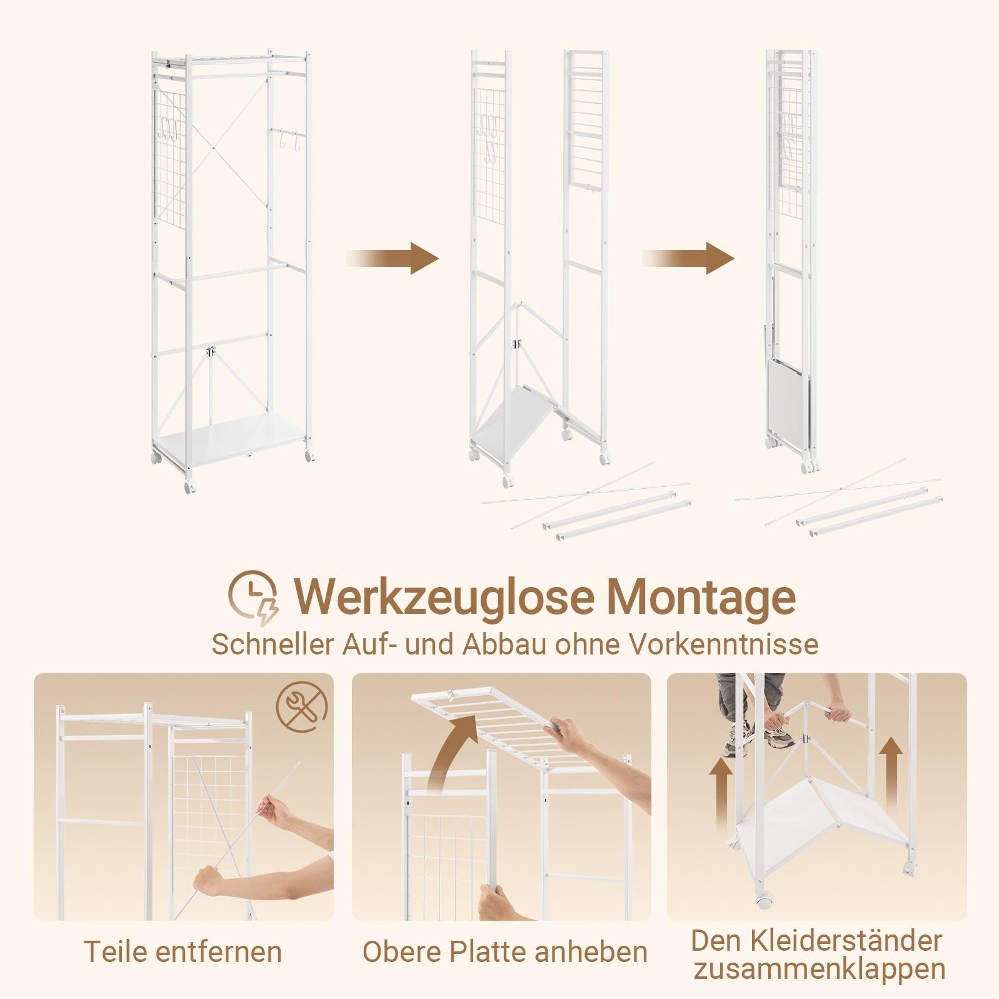 SoBuy Kleiderständer mit Rollen und Ablageböden, Garderobenständer aus Metall, Weiß Vertikaler Metallrahmen mit oberem KLS21-W