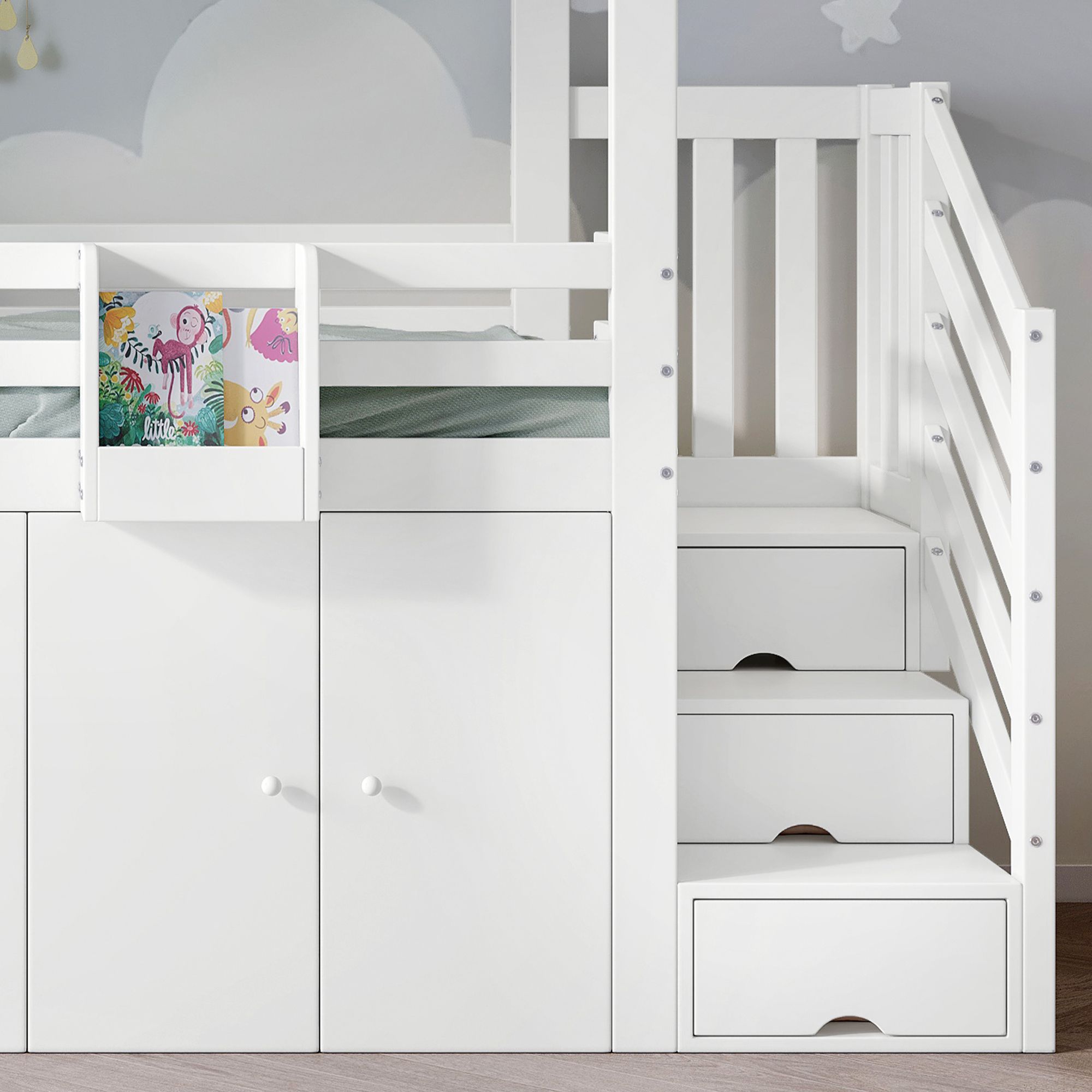 Flieks Etagenbett 90x200cm mit Schrank, Kinderbett Hausbett mit Bettvorhang, Hochbett mit Treppe und Schubladen, Stockbett Holzbett, Weiß