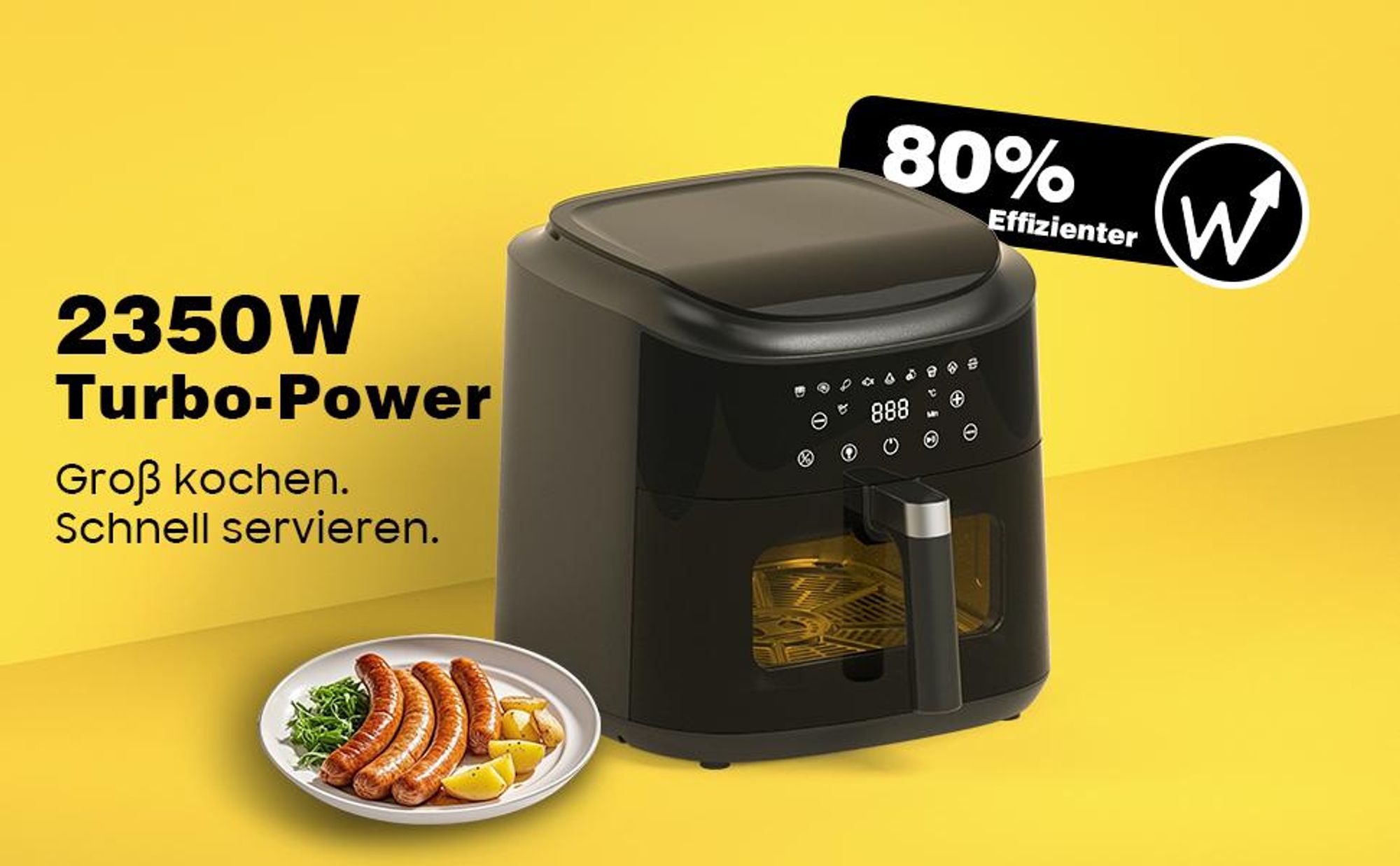 Heißluftfritteuse-Airfryer 9L mit Touch Controls, 9 voreingestellten Programmen, 2350 W, Sichtfenster mit Beleuchtung, Antihaft-Fritteuse, Schwarz