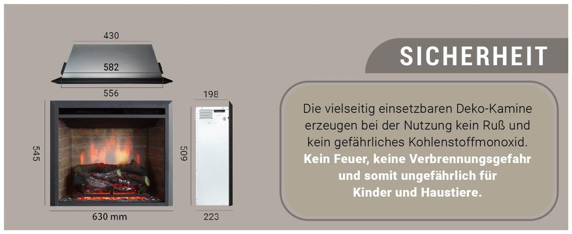 RICHEN EF42C Elektro-Kamin, Wandgerät, 2000 Watt, 2 Heizstufen, Echtfeuereffekt, Thermostat