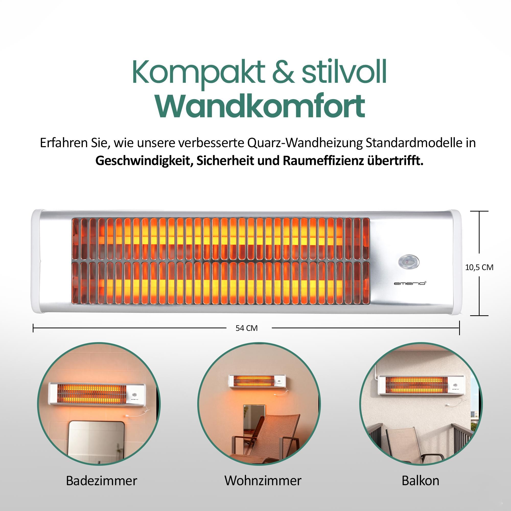 Emerio Quarz-Wandheizung QH-104263.6 – Bis 18 m² – Quarz-Heizelement – 2 Heizstufen – Zugschalter – Wandmontage – 1,4m Kabellänge – 1200W