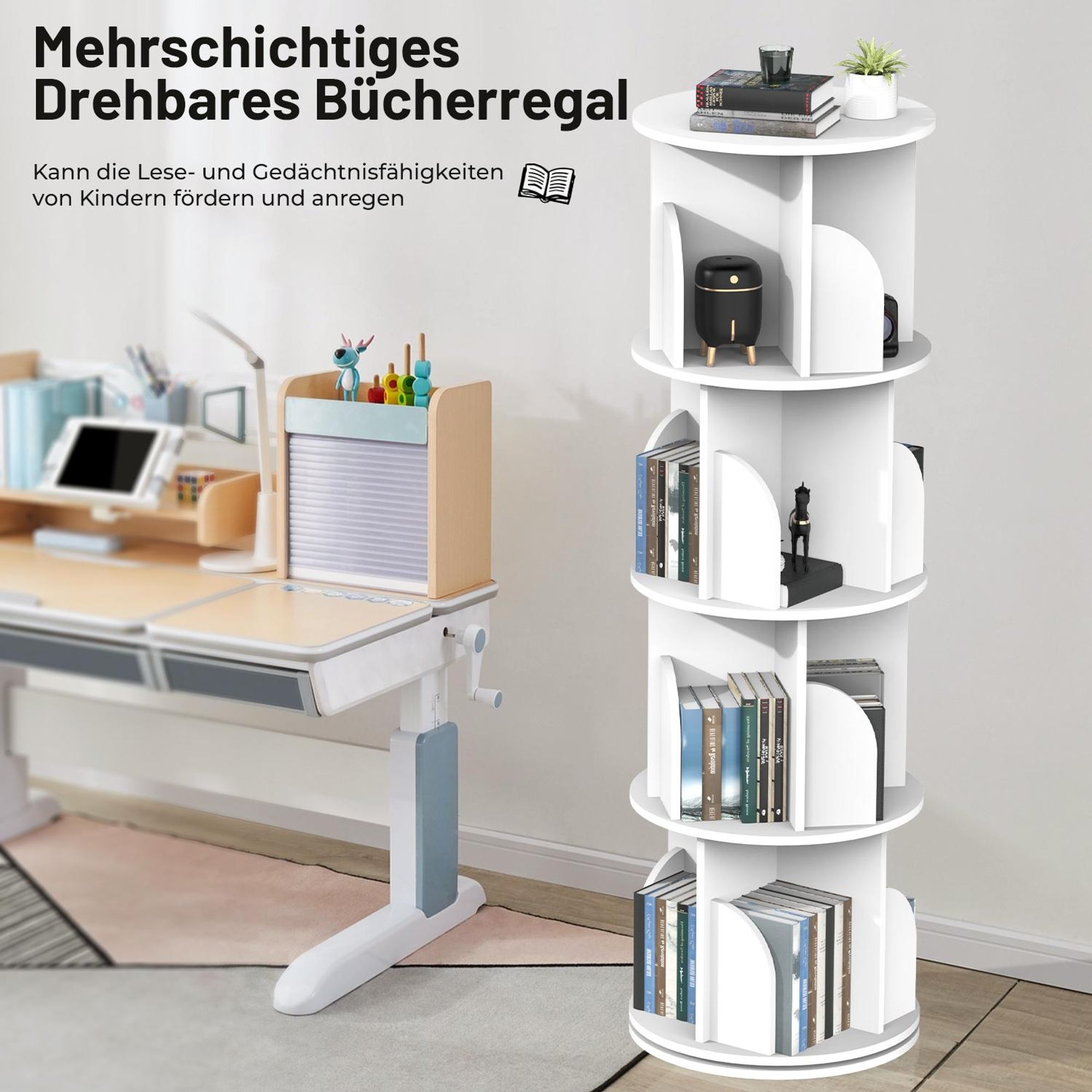 OYAJIA Bücherregal Drehbare Bücherregal, 4 Etagen Stehregale Lagerregal mit Fächern offenes Aufbewahrungsregal, 40 x 40 x 128 cm, 4 Ebenen 16 Fächer