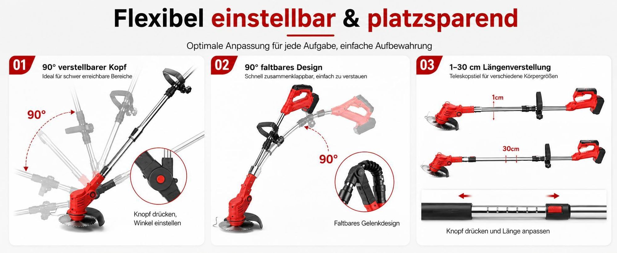 Akku-Rasentrimmer 21V mit 2 Batterien, Freischneider, Motorsense, mit Akku und Ladegerät, Teleskop-Stiel & Zusatzhandgriff, Faltbares Modell, Rot