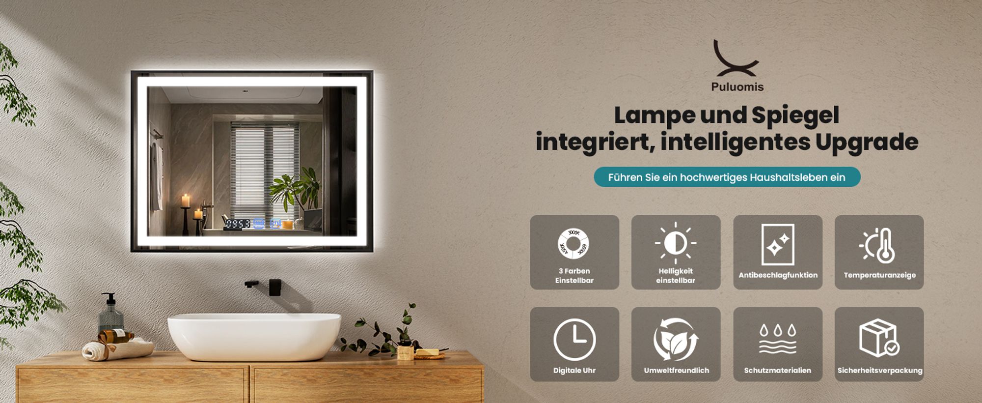 Puluomis Badspiegel 80x60 beschlagfrei mit 3 Farbe Beleuchtung, dimmbare Helligkeit, Badezimmerspiegel mit Digitaluhr, Temperatur schwarz