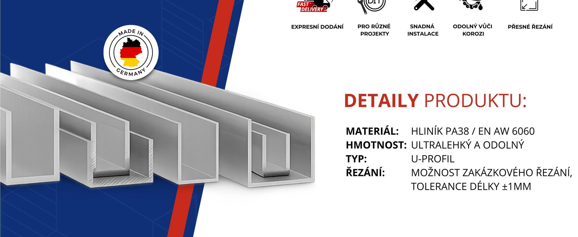 Hliníkový profil ve tvaru U 40x40x40x3 mm 200 cm Hliník PA38 + řezání na míru