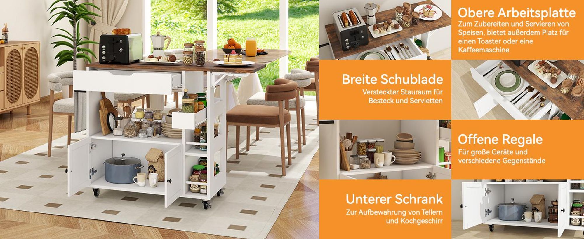 Puluomis Küchenwagen Servierwagen mit erweiterbare Arbeitsplatte, Handtuchhalter, 360° Rollen mit Bremsen, 104x40x89 cm, Mobiler Wagen mit Gewürzregal