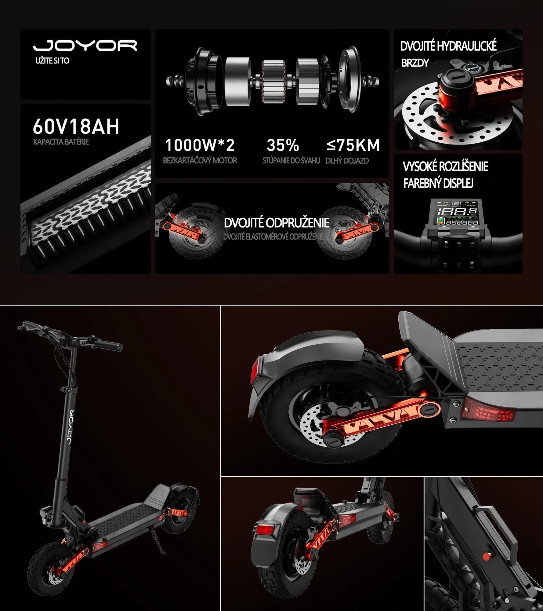 JOYOR S10-S-Z 2025 Elektrická Kolobežka - Motor 1000W*2 60V18AH Skladacia Bezpečnostné Svetlá Farebný Displej - Čierna