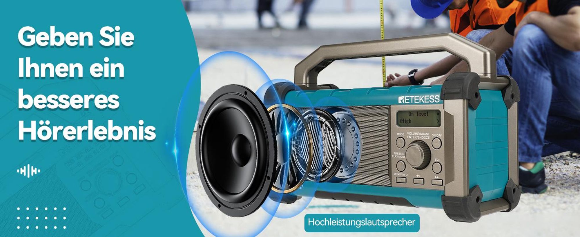 Retekess TR637 Baustellenradio mit Bluetooth, FM AM mit 5000 mAh leistungsstarkem Akku, IP54 staubdicht und wasserdicht mit USB-Ladegerät Tragegriff