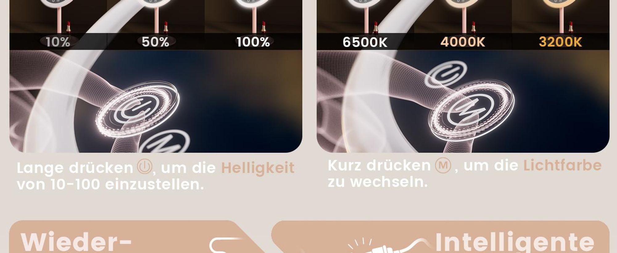 EMKE LED Kosmetikspiegel mit 3 Lichtfarben, 1/3x Vergrößerung, Touchschalter und Memory-Funktion, Lupe für Badezimmerspiegel(Violett)