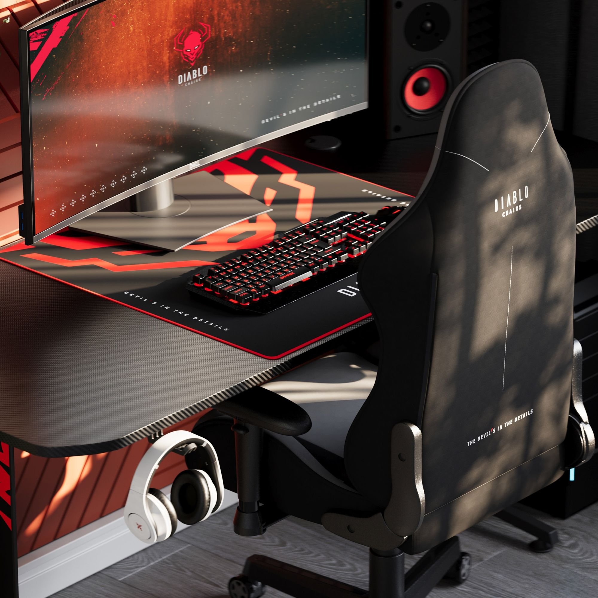 Diablo X-Mate 1600 Gaming Tisch Schreibtisch PC Computertisch Ergonomisch Carbon Tischplatte Kopfhörerhaken Getränkehalter (160 x 75 x 75 cm) Farbe: Schwarz