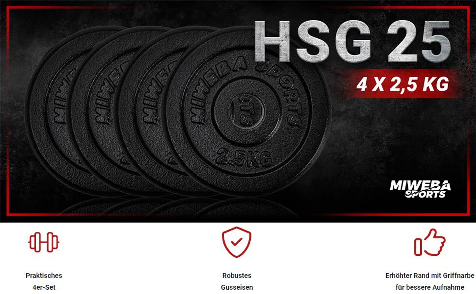Miweba Sports Hantelscheiben Set | Gusseisen - Hantelgewichte - Gewichtsscheiben - Fitness Scheiben - Gewichte für Hantel - Ø30mm - Schwarz - 4x2,5 kg