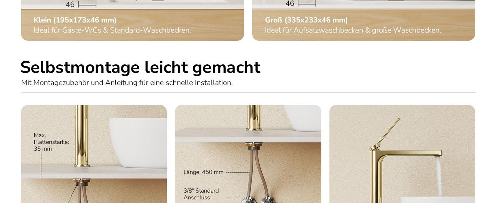 EMKE Wasserhahn Bad Champagner-Gold 335x233x46mm, Messing, Keramikkartusche, Badarmatur, Mischbatterie Waschbecken-Armatur, Waschtischarmatur