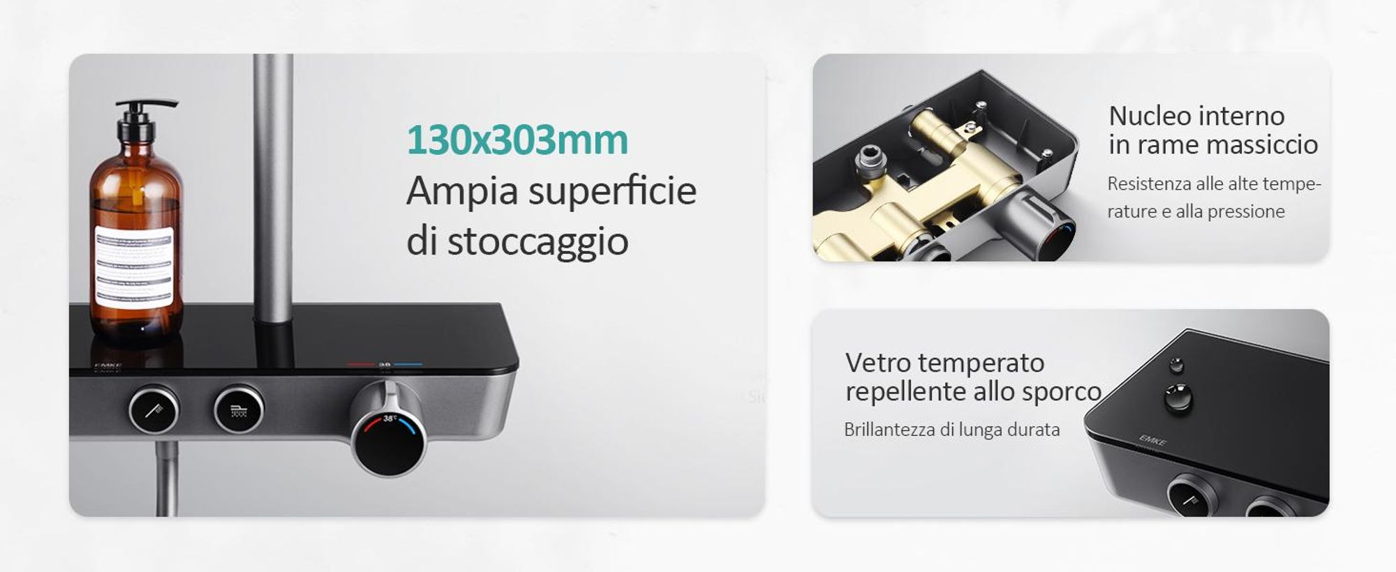 Sistema doccia EMKE con termostato, set doccia in acciaio inox con doccetta a 3 funzioni, rubinetteria per vasca e doccia,  KTW, grigio F08