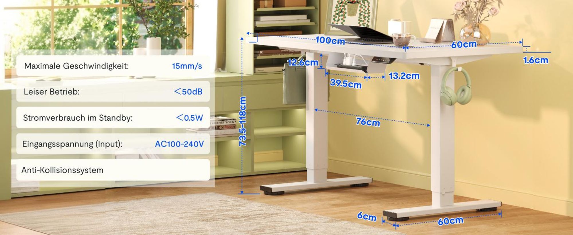 FLEXISPOT EN1 Höhenverstellbarer Schreibtisch 100x60cm elektrisch mit einteiliger Tischplatte, Kabelmanagement und Haken, 4 Memory-Funktion (Weiß)