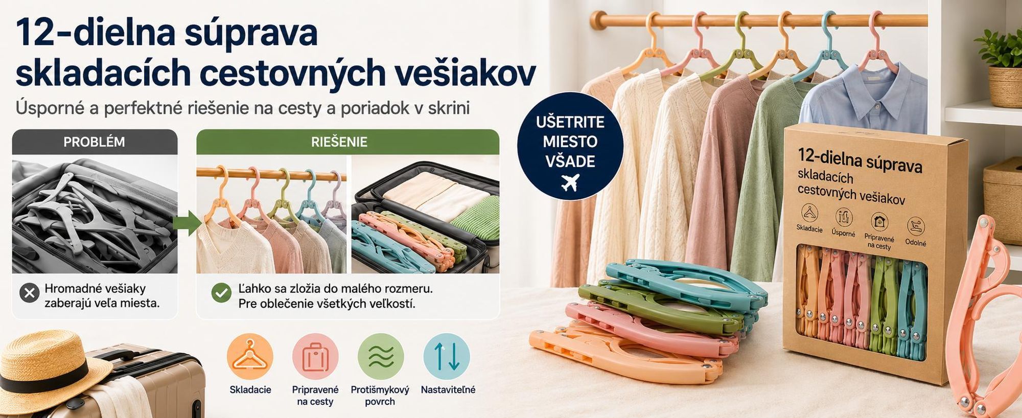 Sada 12 skladacích vešiakov šetriacich miesto, nastaviteľné cestovné vešiaky na detské oblečenie a zimné kabáty – FOLDGERS
