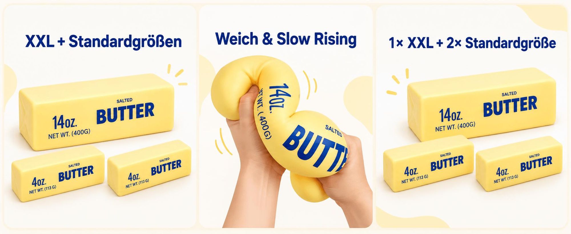 3er Butter Squishy Set, 1× XXL 23 cm + 2× Standard 13 cm, Slow Rising Squeeze Toy, Weiches Fidget Spielzeug, Stressball & Geschenk