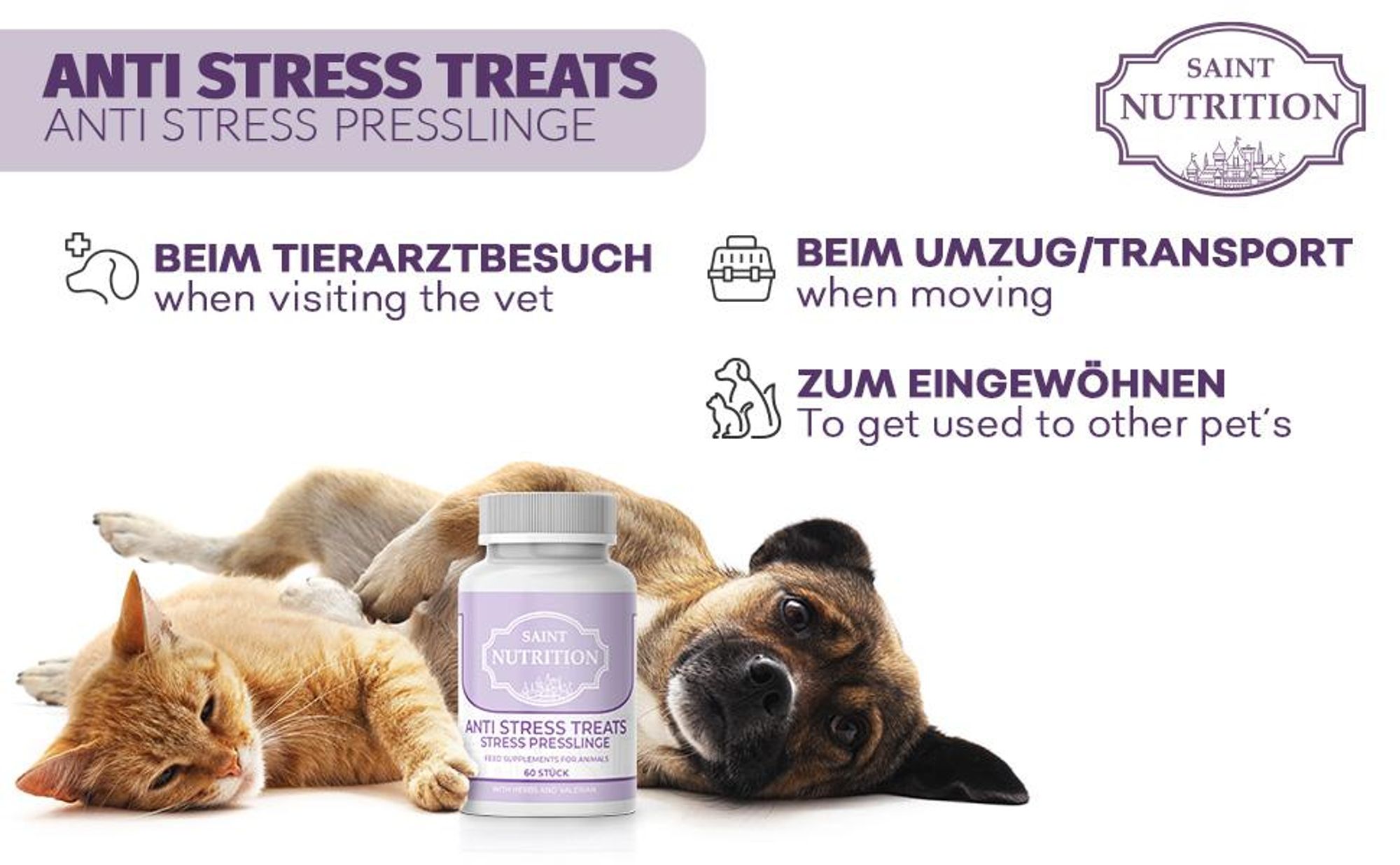 Saint Nutrition® Anti Stress Presslinge - für Hunde & Katzen - Angststörung - gegen Angst und innere Unruhe - Beruhigungsmittel- Stress Hund