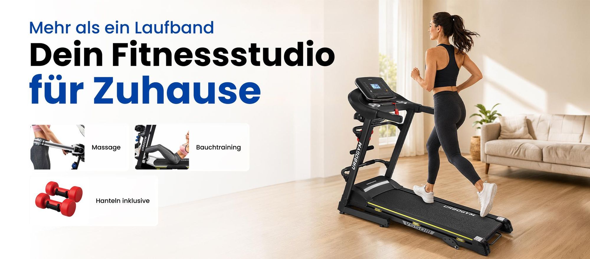 URBOGYM V550M elektrisches Laufband mit Massagegurt, Bauchtrainer, 15 km/h, 130 kg, 12 Programme, FITSHOW-App, klappbar