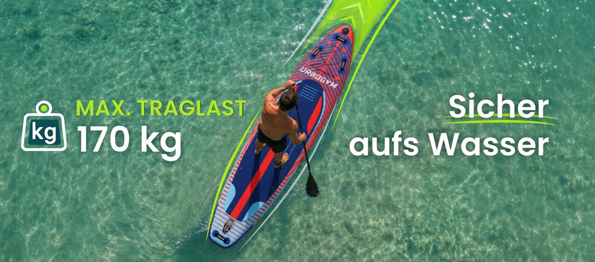 VENTI 350 SUP-Board mit großzügiger Standfläche und einer maximalen Belastbarkeit von 170 kg.