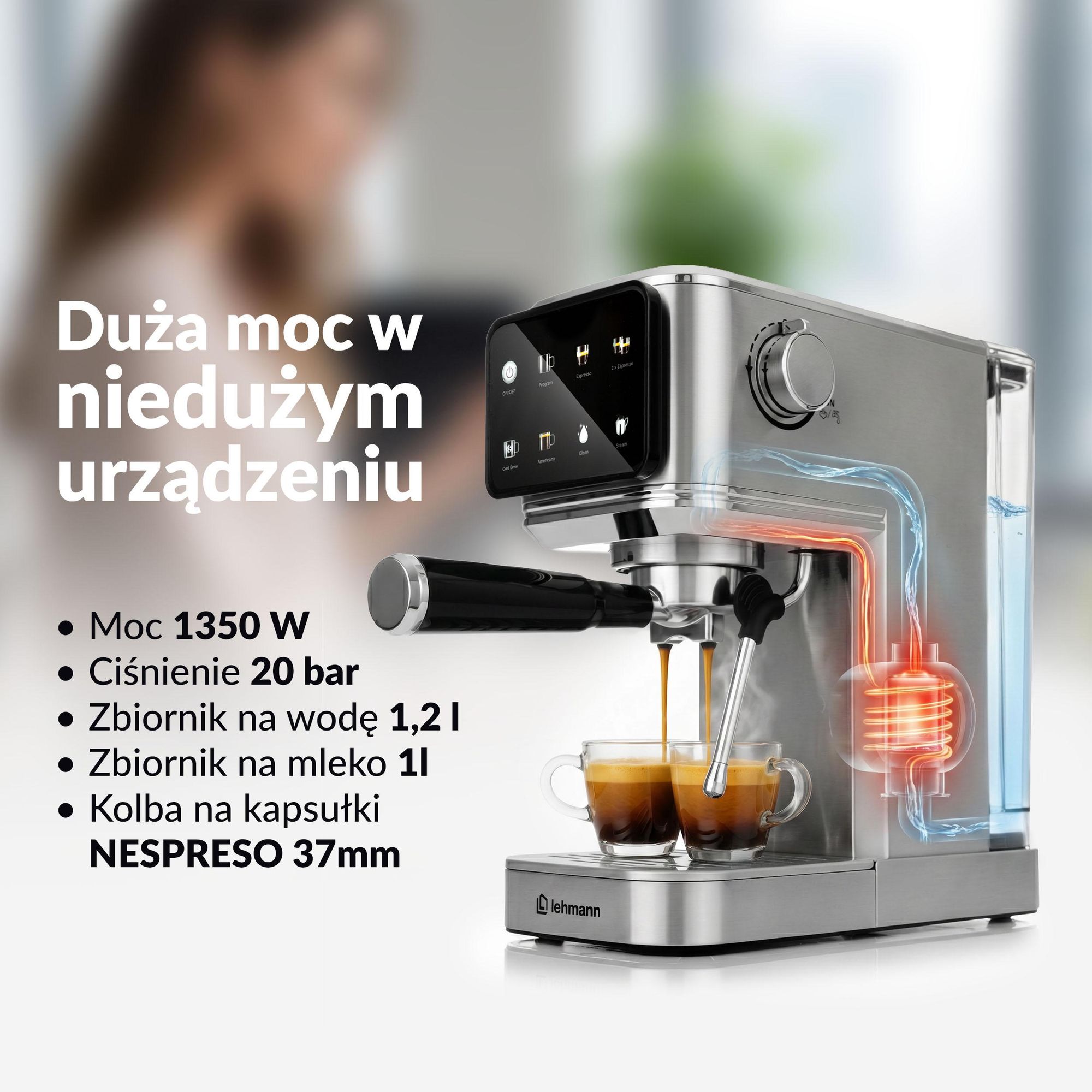 Ekspres do kawy ciśnieniowy kolbowy LEHMANN BELLAGIO LHOCM-1320 na kapsułki Nespresso ze spieniaczem