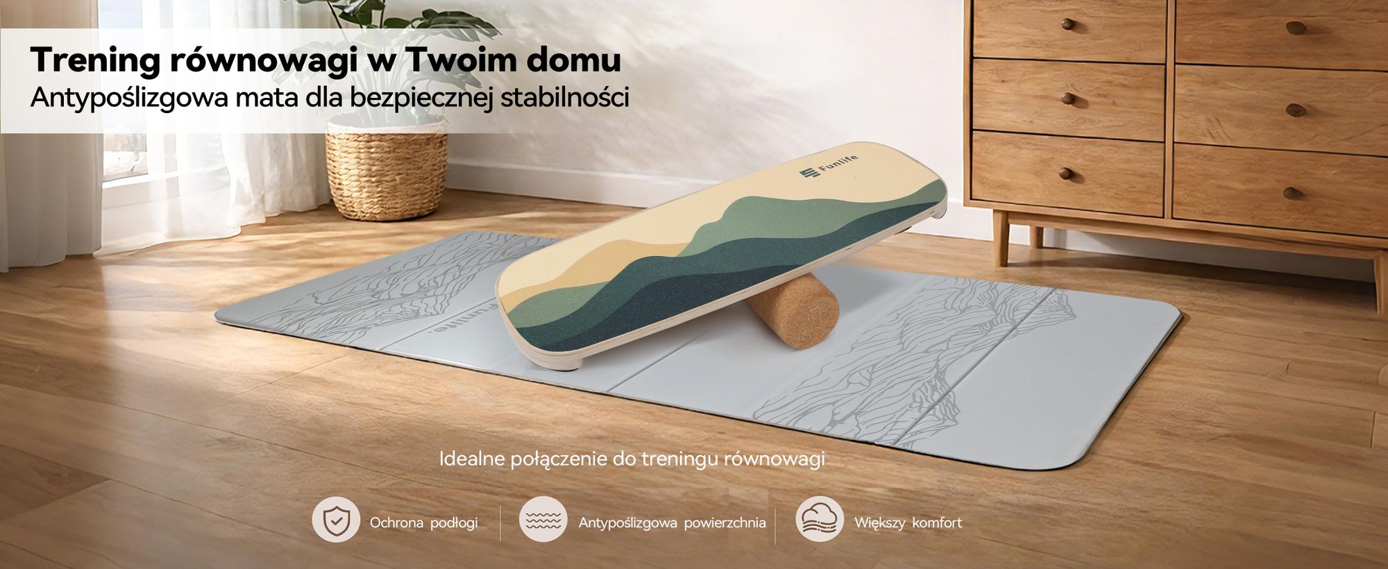 FunLife Balance Board WAVE wykonana z drzewa brzozowego z rolką – deska do treningu równowagi, idealna do wzmacniania mięśni brzucha, poprawy koordynacji oraz treningu surfingu, skateboardu i snowboardu