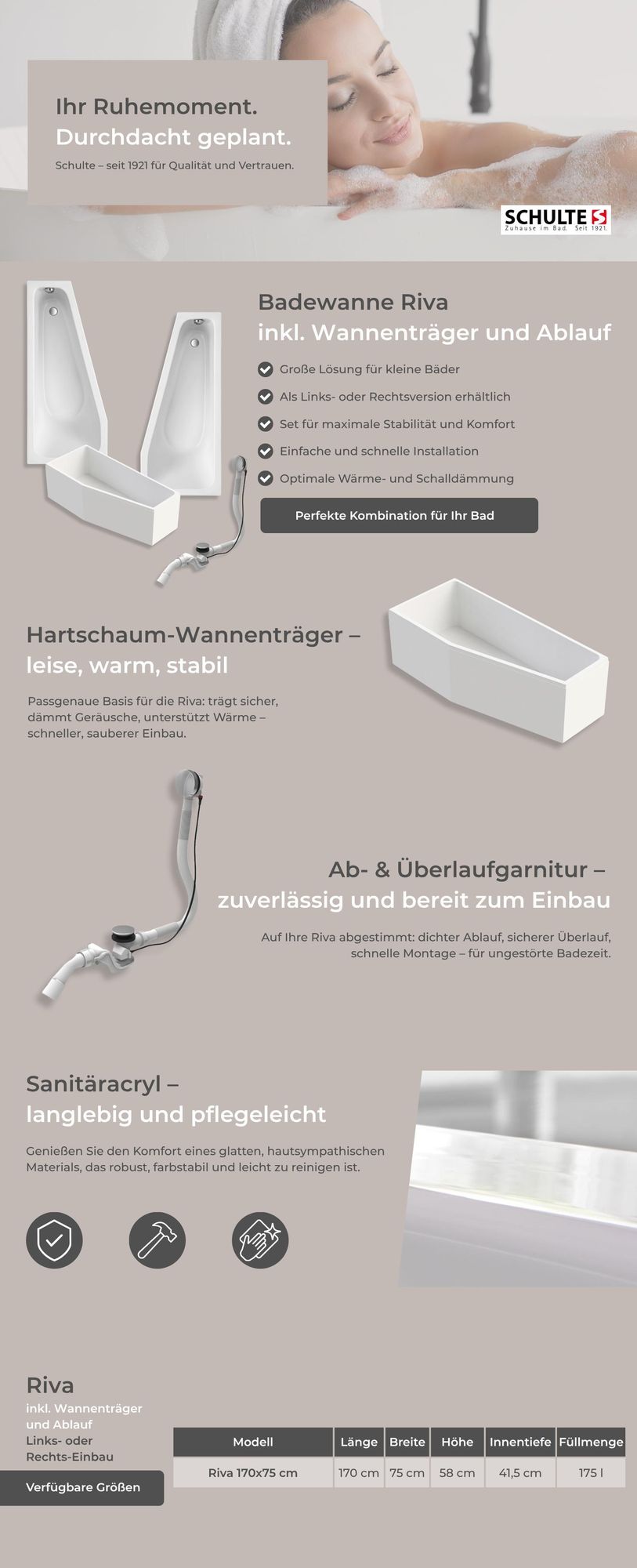 Schulte Raumsparbadewanne Modell Riva, Version links, Weiß Sanitäracryl, 170x75 cm, Höhe 58 cm, inkl. Set Hartschaum-Wannenträger + Ab- und Überlauf