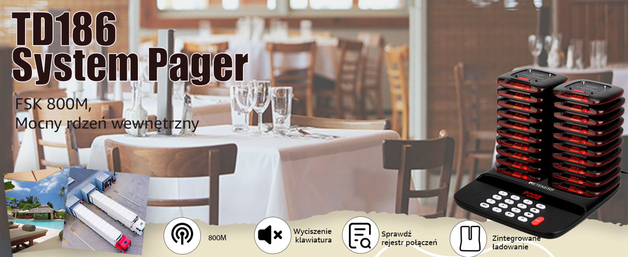Retekess TD183 bezprzewodowy system pagerów, 20 stabilnych podstawek, pager 30H 300mAh, FSK daleki zasięg 800M,