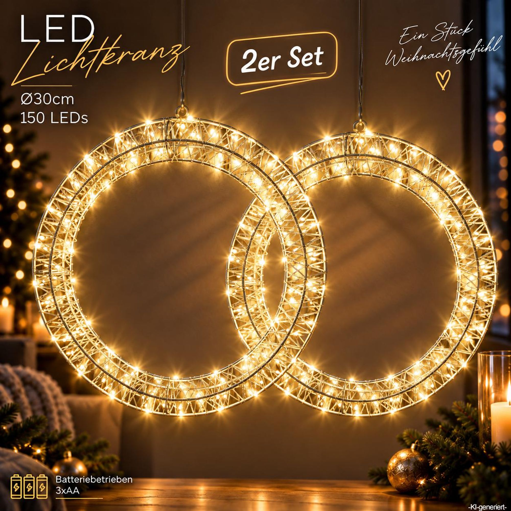 2x LED Lichtkranz 30 cm mit Timer, 150 warmweiße LEDs