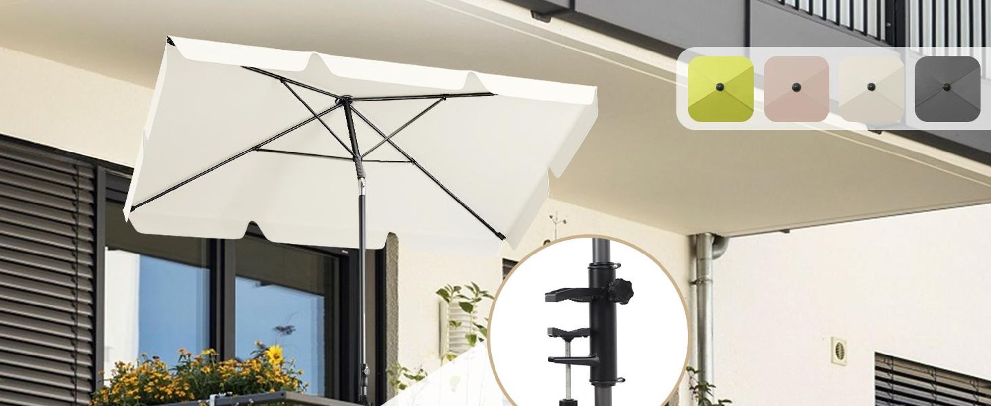 Sekey Sonnenschirm 200 x 125 cm Rechteckig Balkonschirm mit Balkonklammer und Schutzhülle, Neigbar, UV50+ Schutz, Hellbeige