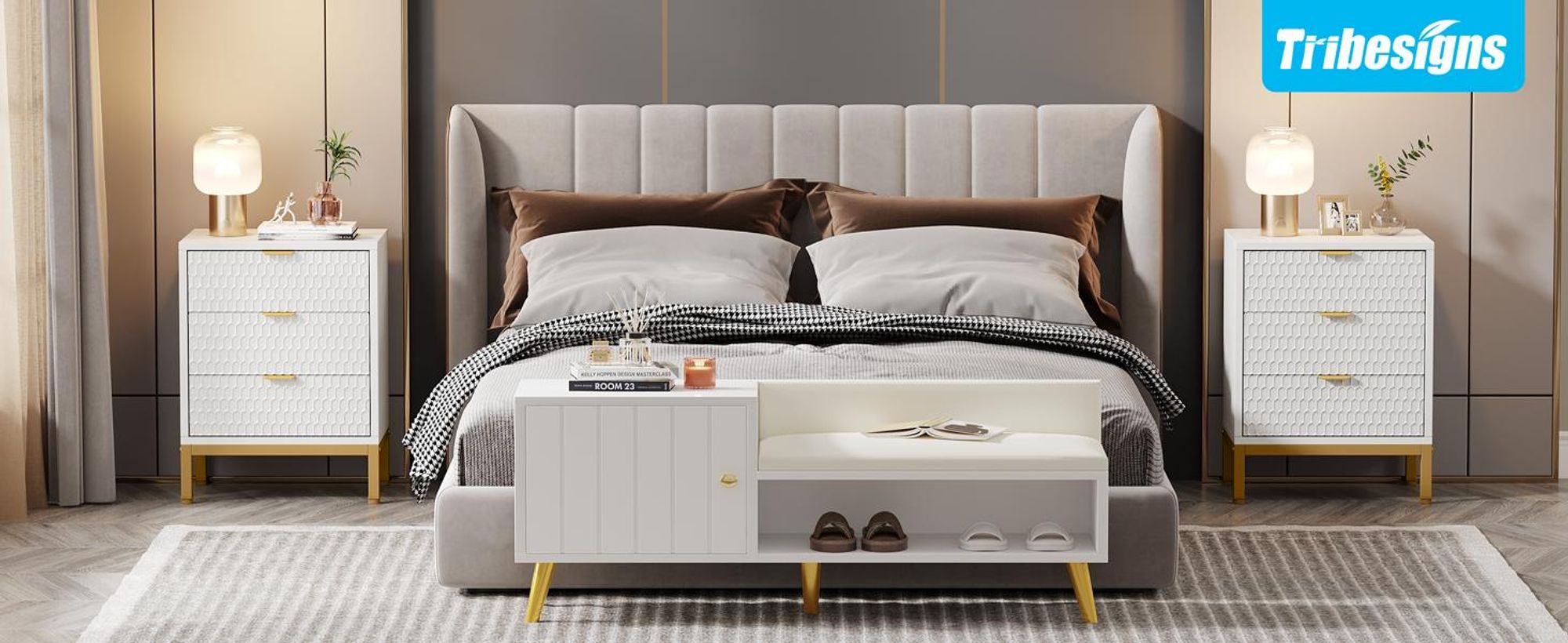 Tribesigns Moderner Nachttisch,65,5 cm hoch,Nachttisch mit 3 Schubladen,moderner Beistelltisch mit Stauraum für Schlafzimmer,Wohnzimmer,Weiß und Gold