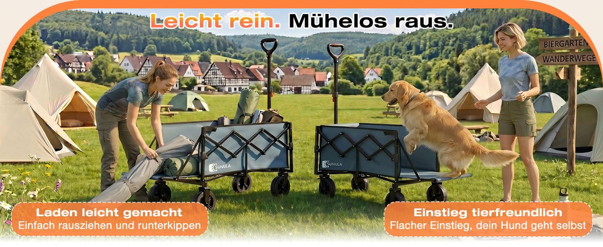 SUNULA Bollerwagen Faltbar mit Erweiterbarer Heckklappe – 80L & 115L Hunde Transportwagen, Blau