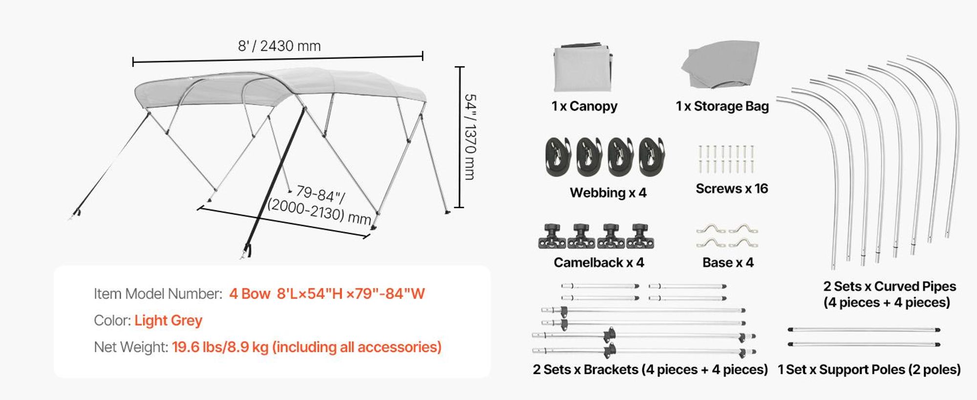 VEVOR Bimini Top Bootsabdeckung Markise (4 Bögen), Aluminiumrahmen, wasserdichtes Biminitop mit Aufbewahrungstasche, 201-213 cm (Breite) Hellgrau