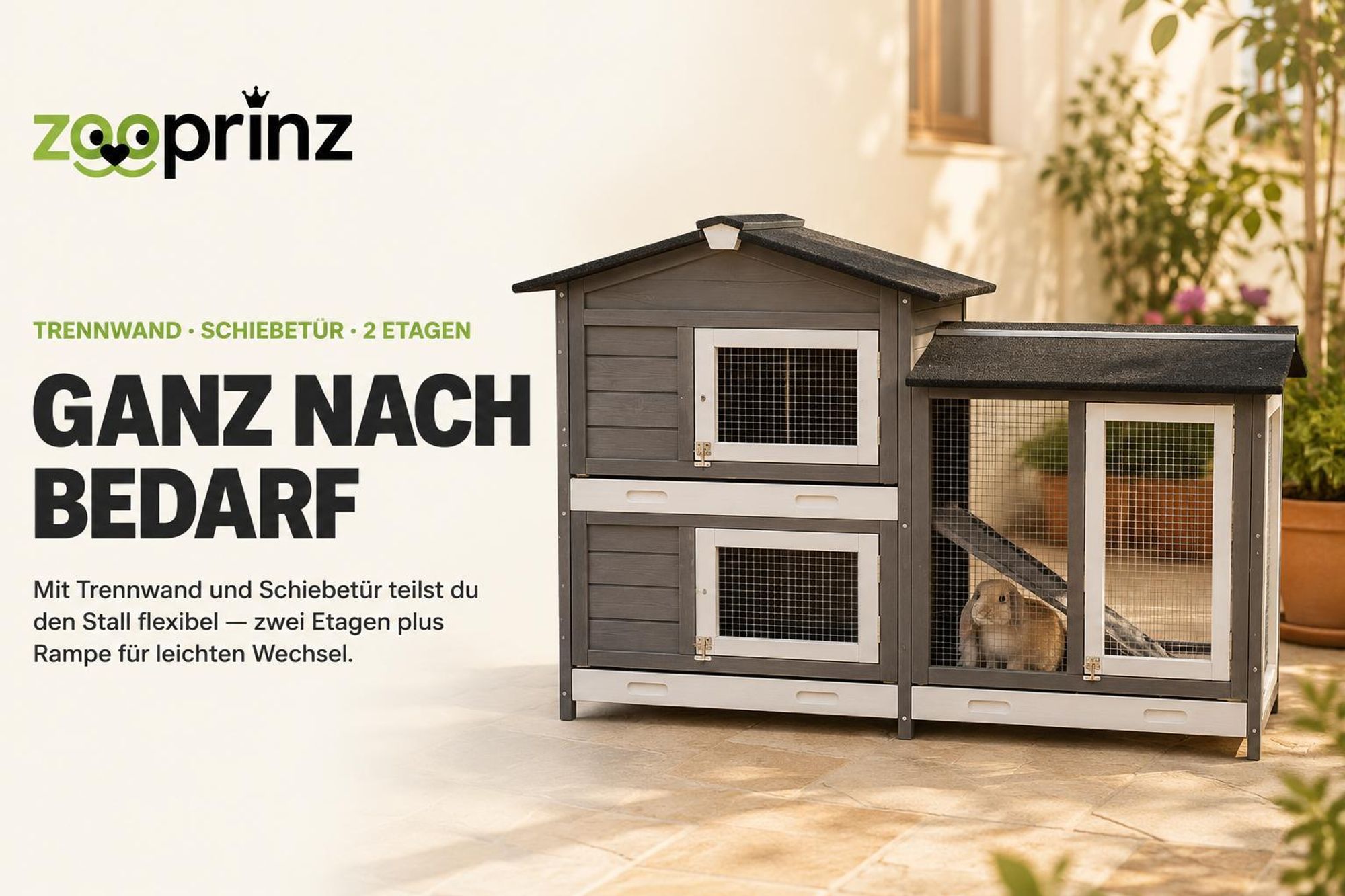 zooprinz Hasenstall Rudy mit Auslauf Kunststoff Schubladen Wetterfest lasiert 145x50x94cm (BxHxT)