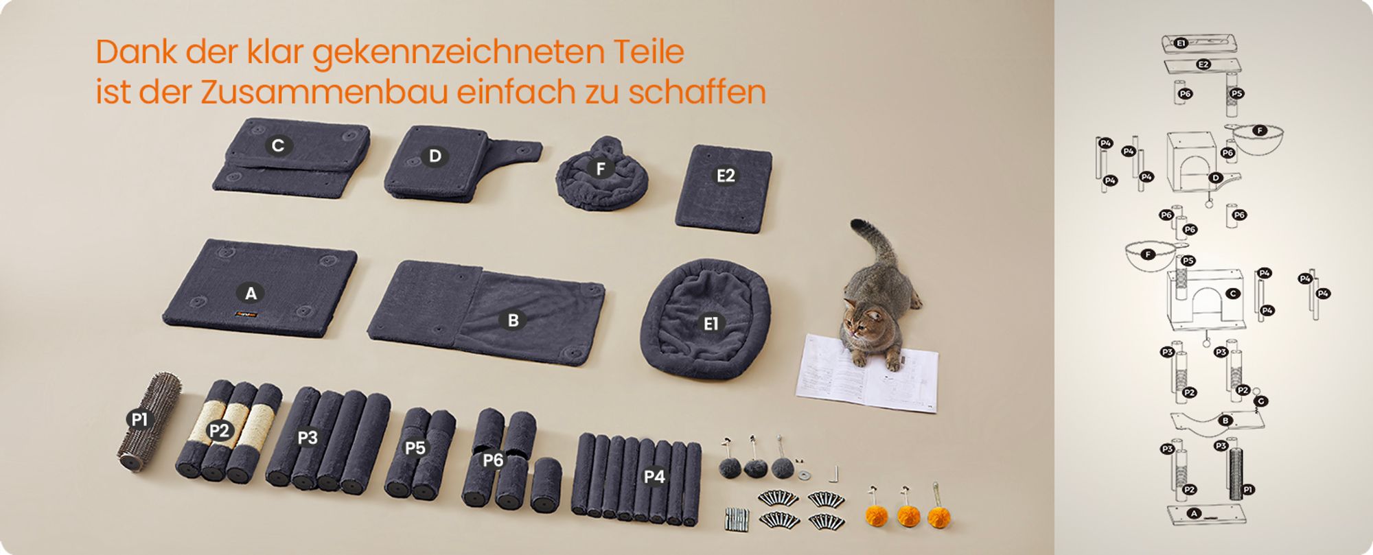 Feandrea Kratzbaum groß, XL, mehrstöckiger Katzenbaum mit Höhlen und Liegemulden