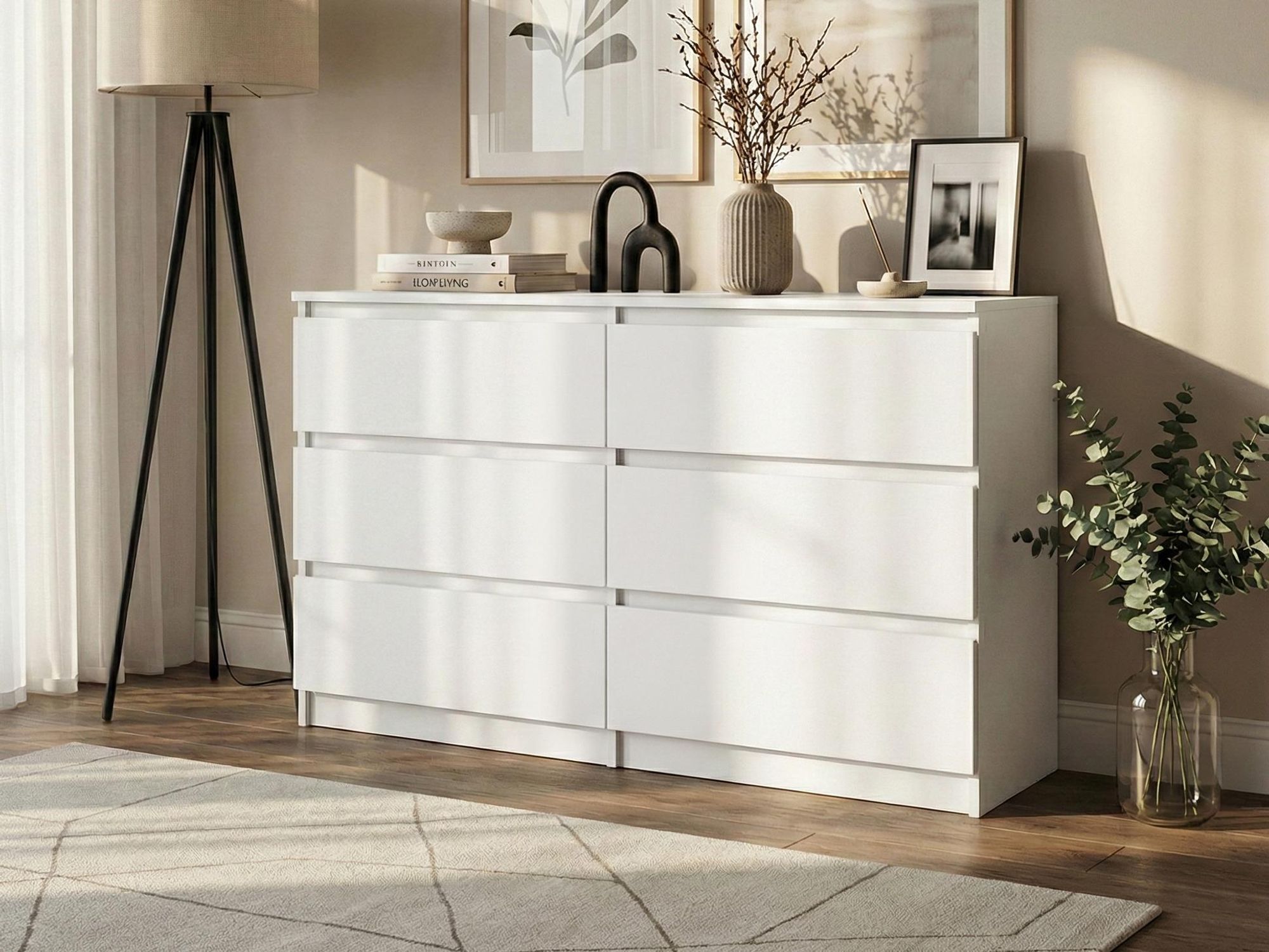 BEAUTYSOFA Kommode LEMON 140 cm Weiß/Weiß – Modernes Sideboard mit 6 Schubladen grifflos, Highboard für Schlafzimmer, Wohnzimmer & Flur