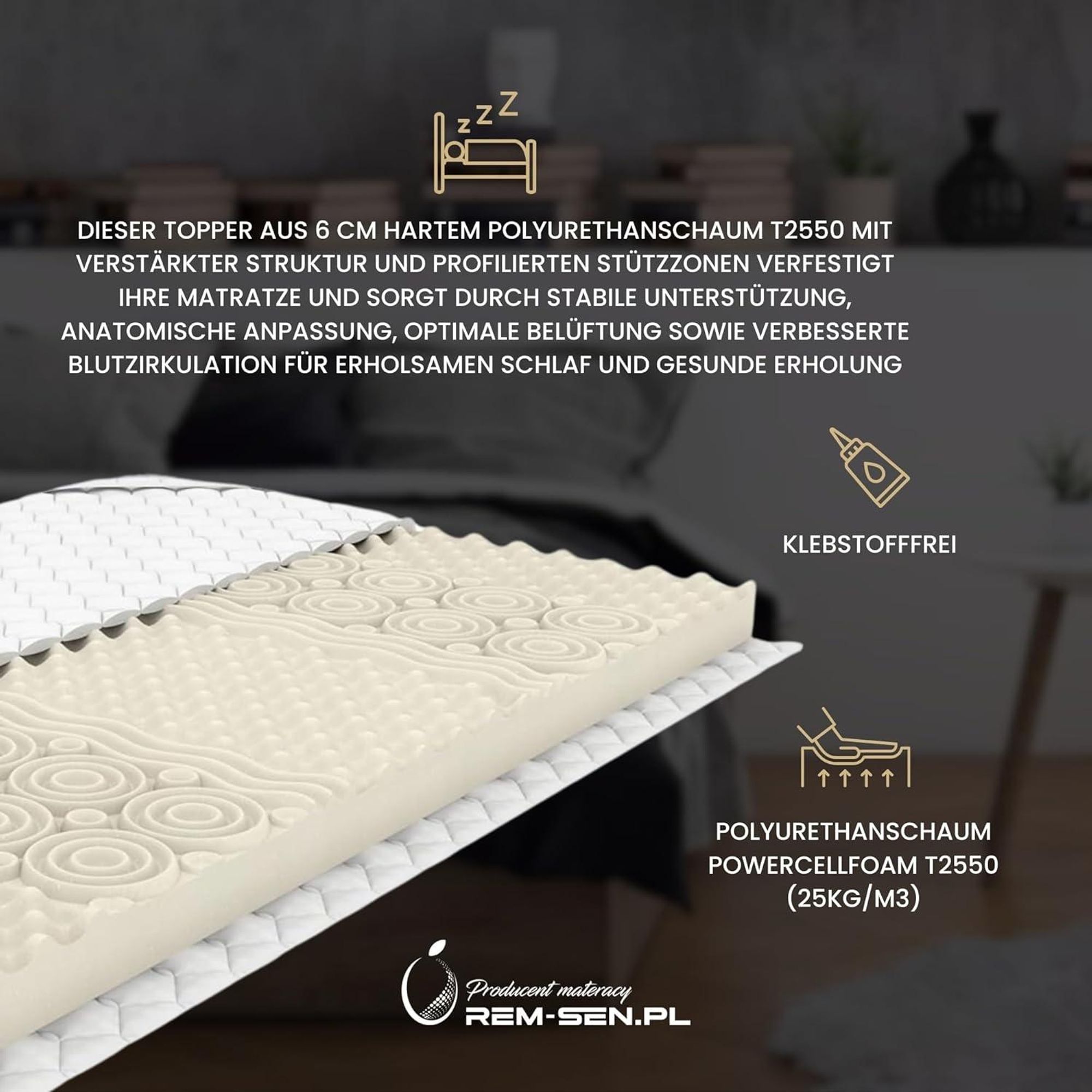 REM-Sen Matratzen Topper Matratzentopper 70x200cm Höhe 7 cm Härtegrad 4 (H4) Mattress Feste Topper aus Polyurethanschaum mit Massageprofil, Dreilagige Membranhülle Für Sofa, Bet,