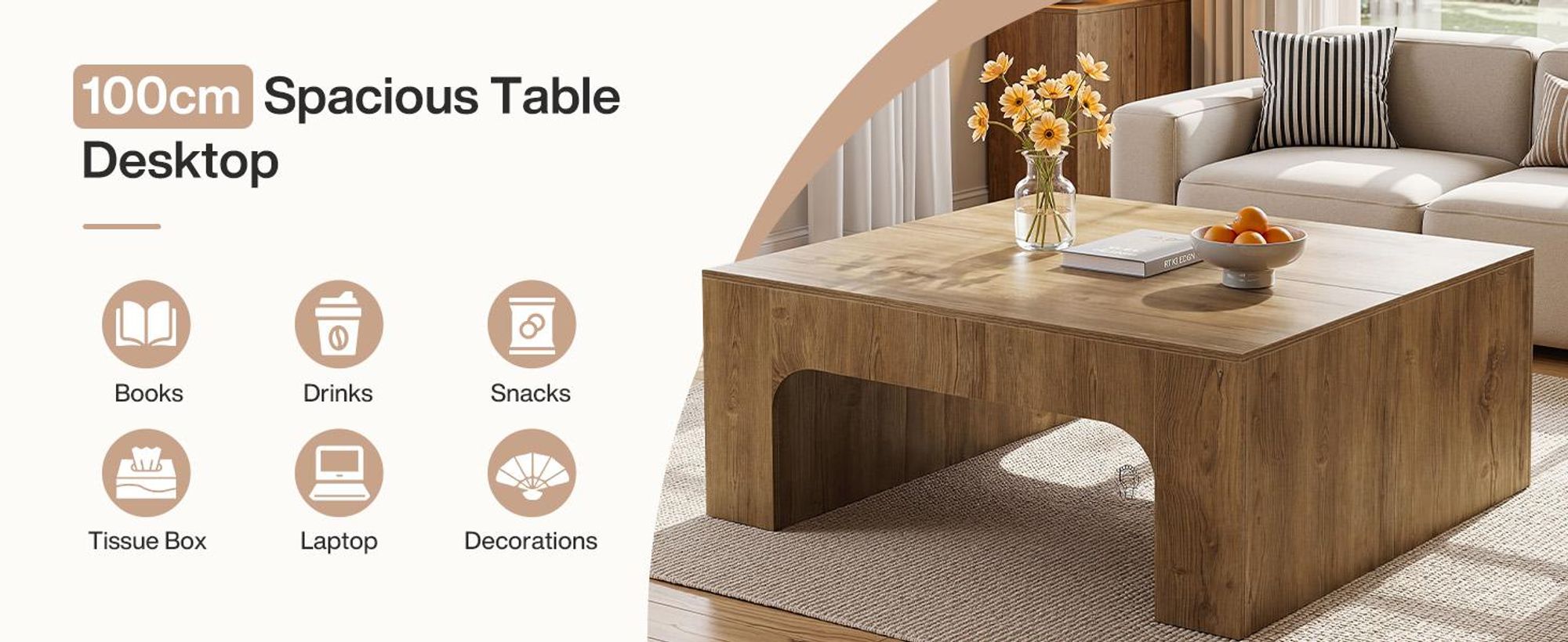100 cm Quadratischer Couchtisch aus Holz, für das Wohnzimmer, Landhaus-Beistelltisch mit geschwungener Unterseite, einfache Montage