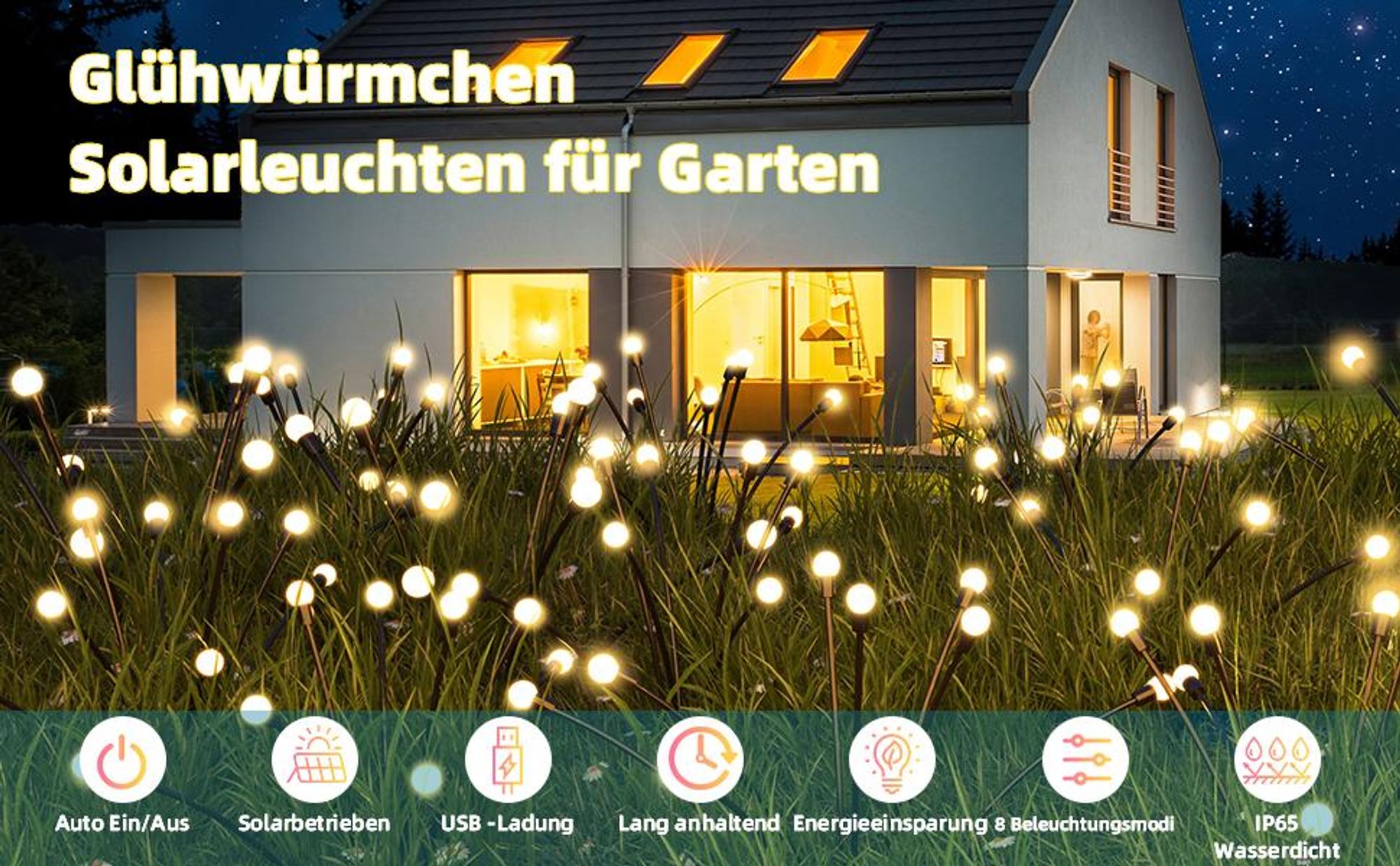 Solarlampen, Solarleuchten, 4 Stück Solar Glühwürmchen Licht, Rasenlampe, mit 8 Beleuchtungsmodi, Wasserdicht, für Garten Terrasse Weg Hof Landschaft