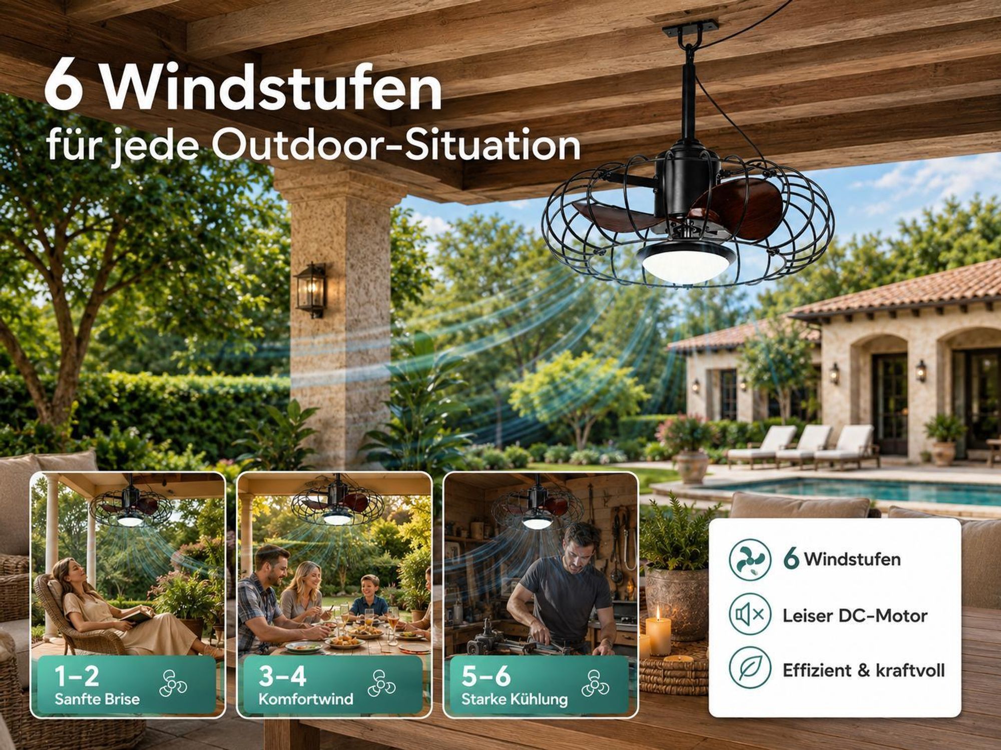 50CM Outdoor Deckenventilator mit Beleuchtung und Fernbedienung, IP65 Außen Lampe mit Ventilator, 6 Stufen, für Balkon Pavillon Terrasse, 5m Kabel
