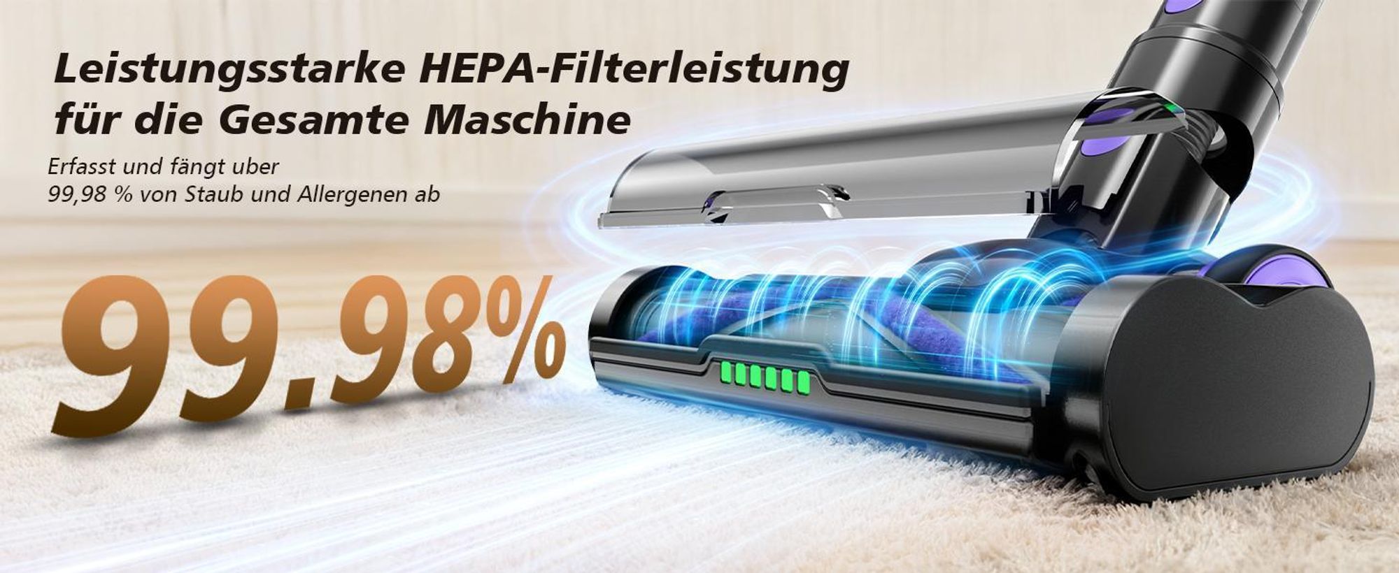 Akku Staubsauger, 48000Pa Staubsauger Kabellos mit Smart Display, Handstaubsauger, 550W Starke Saugleistung mit Anti-Verhedderung-Bürste, Ultraleiser