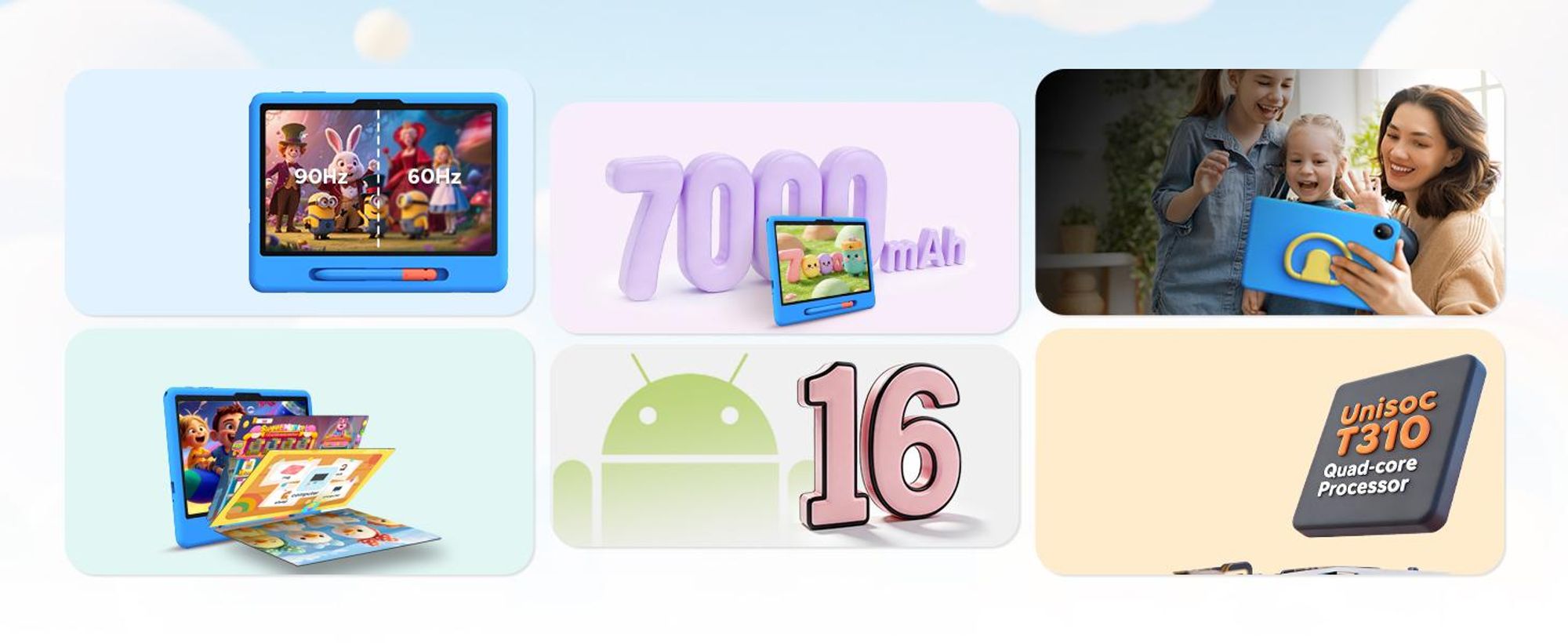 POCKAM P10 kinder tablet, 10,1 inch, met Gemini AI, Android 16, 32 (6+26) GB RAM + 64 GB ROM/TF 2TB, 7000mAh, WiFi tablet voor kinderen, met kindvriendelijke hoes en stylus