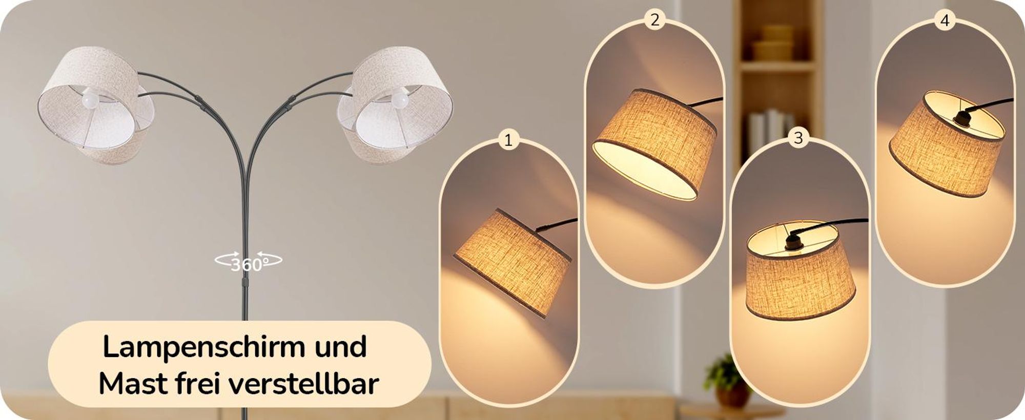 EDISHINE Stehlampe Dimmbar Wohnzimmer, Bogenlampe 143-176 cm verstellbar, mit drehbarem Lampenkopf, magnetische Fernbedienung