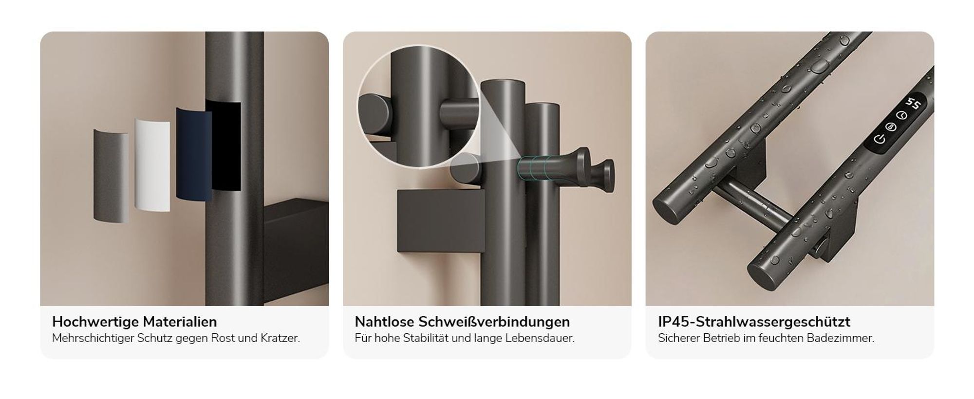 EMKE Elektrischer Handtuchheizkörper WLAN-App Steuerung mit Wochenprogramm LED Touchscreen Kompakt 2-Rohr Handtuchtrockner 120x12,4cm 145W Anthrazit